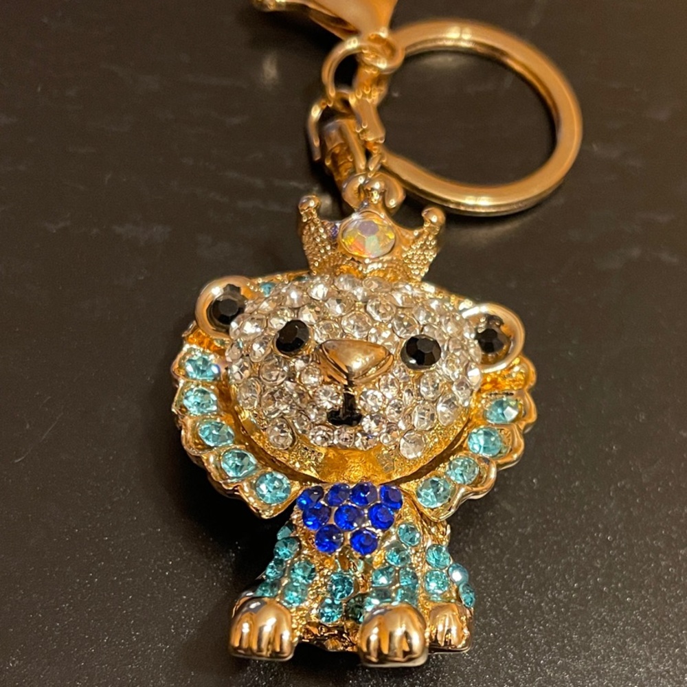 Rhinestone Lion Keychain with Gold and Blue Accents